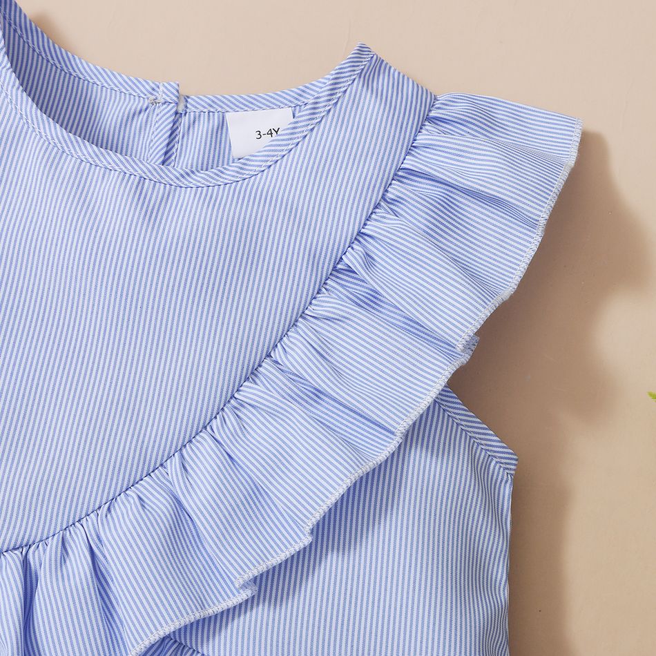 Trendy Toddler Girl Stripe Print Bowknot Ruffle Flounce Set Blue big image 5