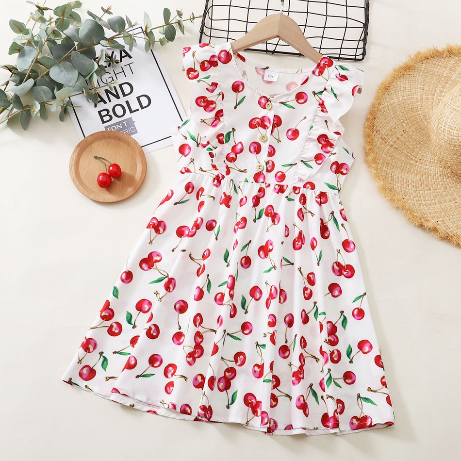 Pretty Kid Girl Flutter-sleeve Cherry Print Dress White