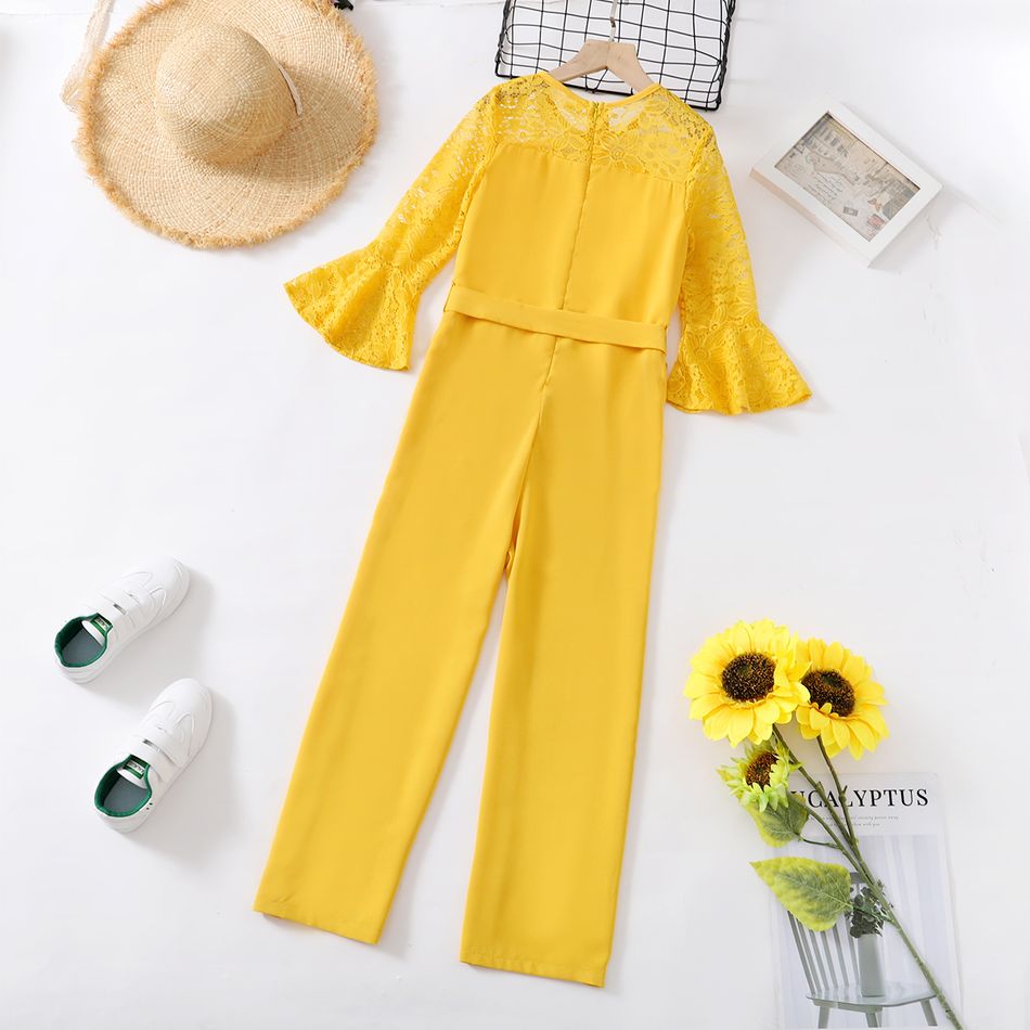 Kid Girl Flower Embroidery Lace Hollow out Bell sleeves (Multi Color Available) Jumpsuits with Belt Yellow big image 7