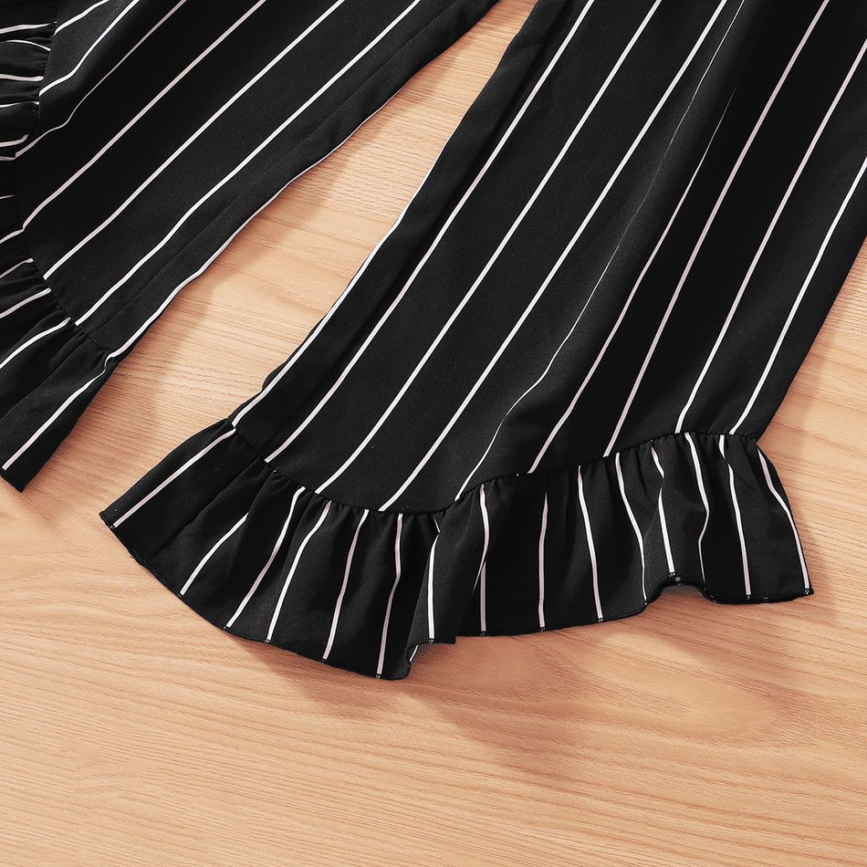 2-piece Kid Girl 100% Cotton Tie Knot Long-sleeve Solid Top and Stripe Ruffled Pants Black big image 3