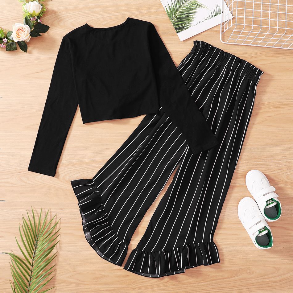 2-piece Kid Girl 100% Cotton Tie Knot Long-sleeve Solid Top and Stripe Ruffled Pants Black big image 7
