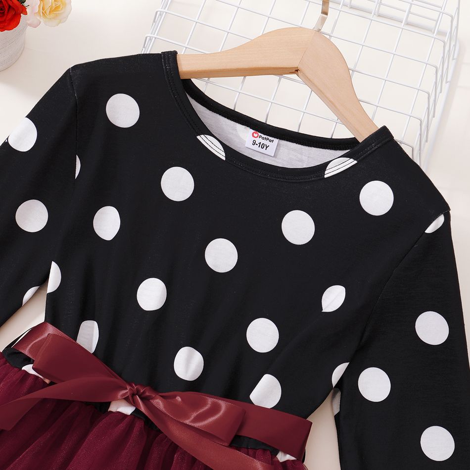Kid Girl Polka dots Stitching Bowknot Design Long-sleeve Mesh Dress Burgundy big image 3