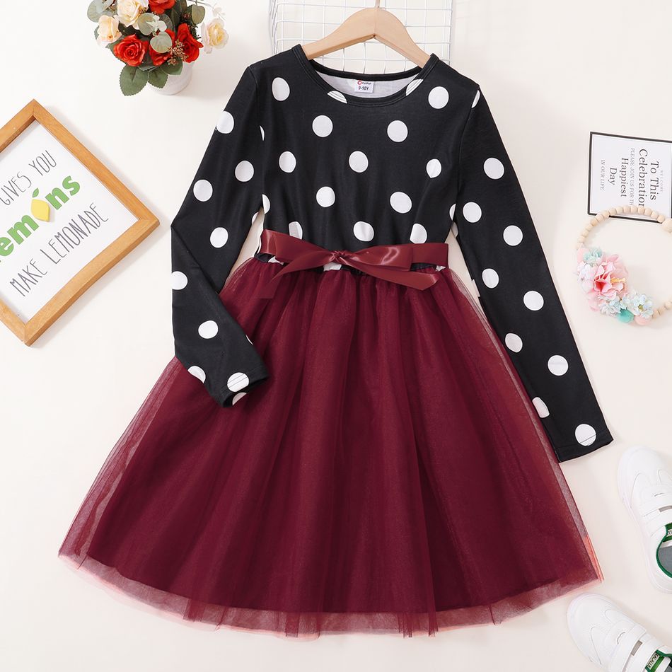 Kid Girl Polka dots Stitching Bowknot Design Long-sleeve Mesh Dress Burgundy big image 4