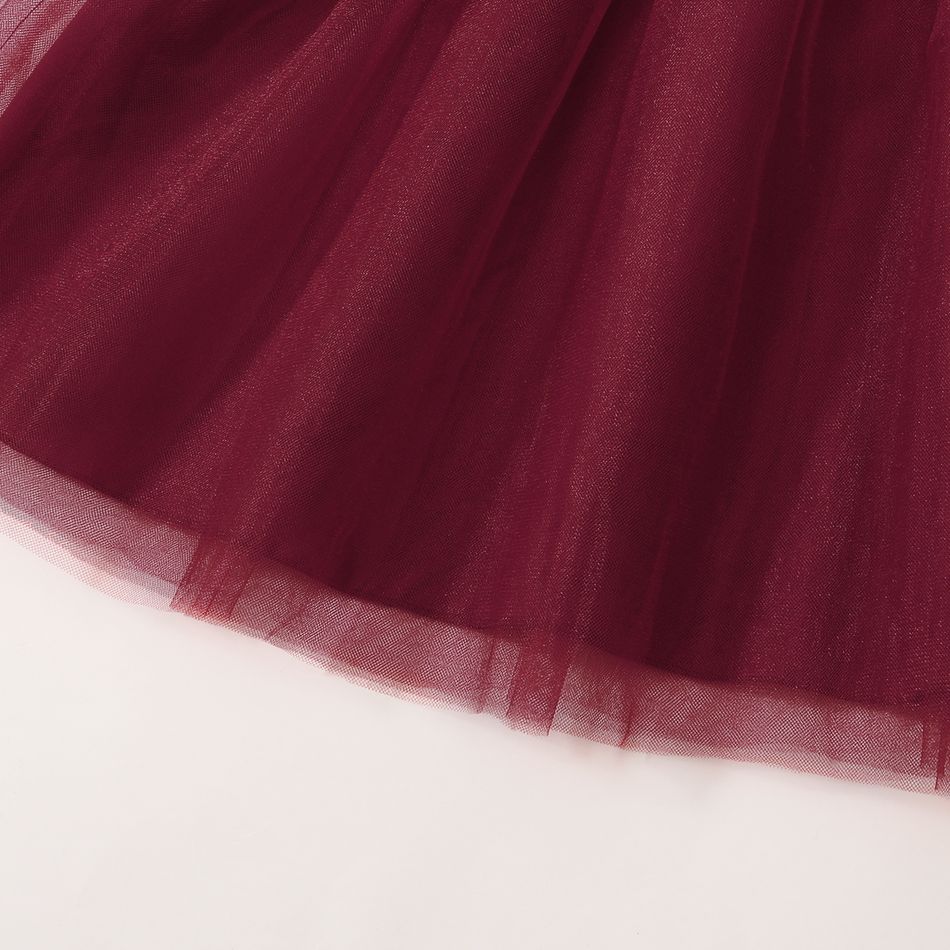 Kid Girl Polka dots Stitching Bowknot Design Long-sleeve Mesh Dress Burgundy big image 6