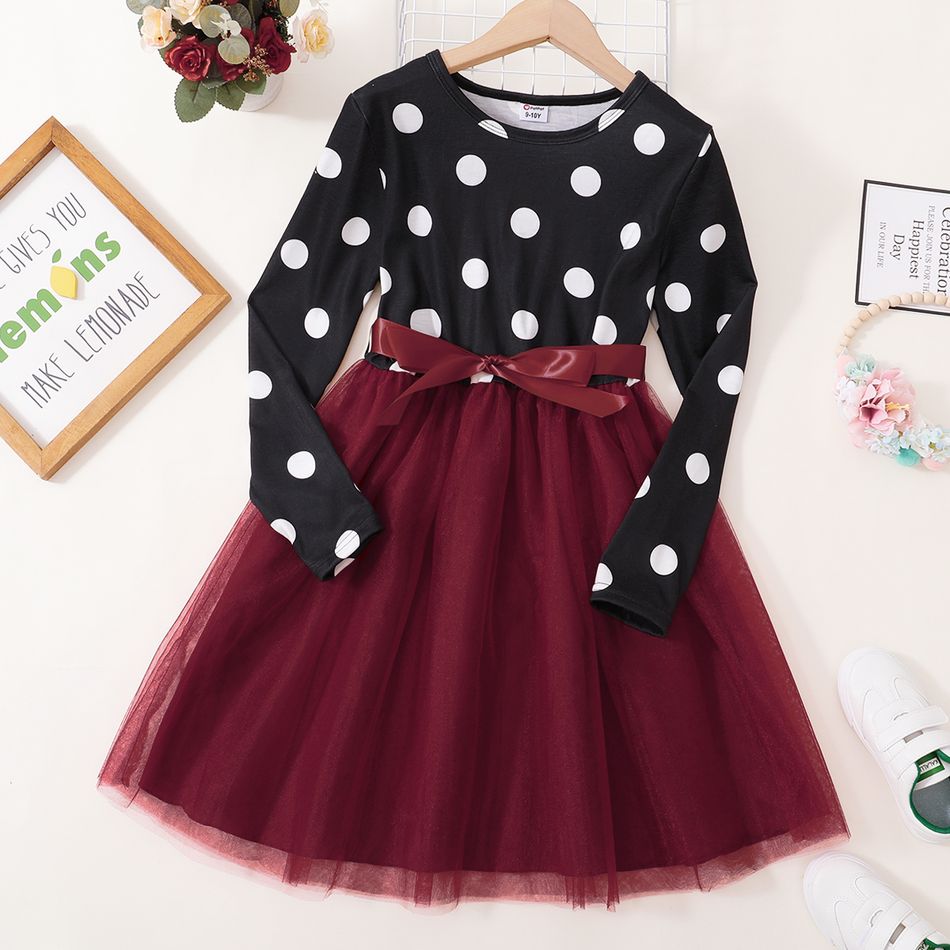 Kid Girl Polka dots Stitching Bowknot Design Long-sleeve Mesh Dress Burgundy big image 7