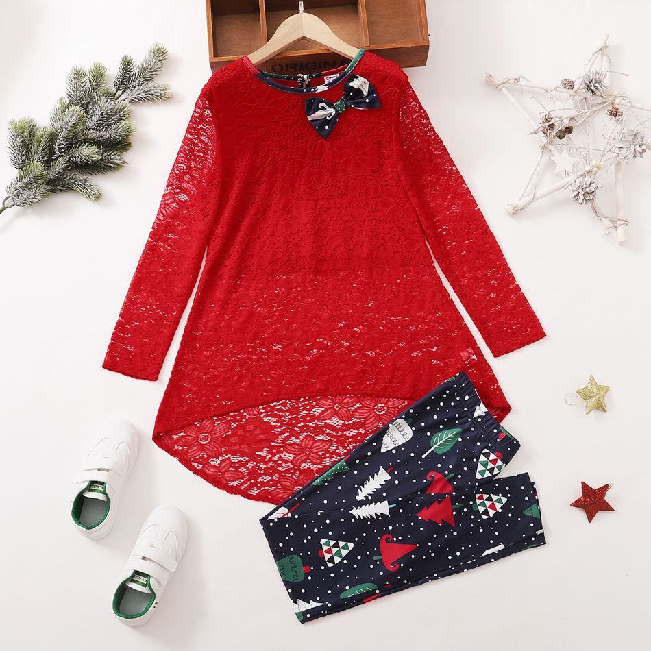2-piece Kid Girl Christmas Lace Bowknot Design High Low Long-sleeve Red Top and Tree Polka dots Print Leggings Set Red