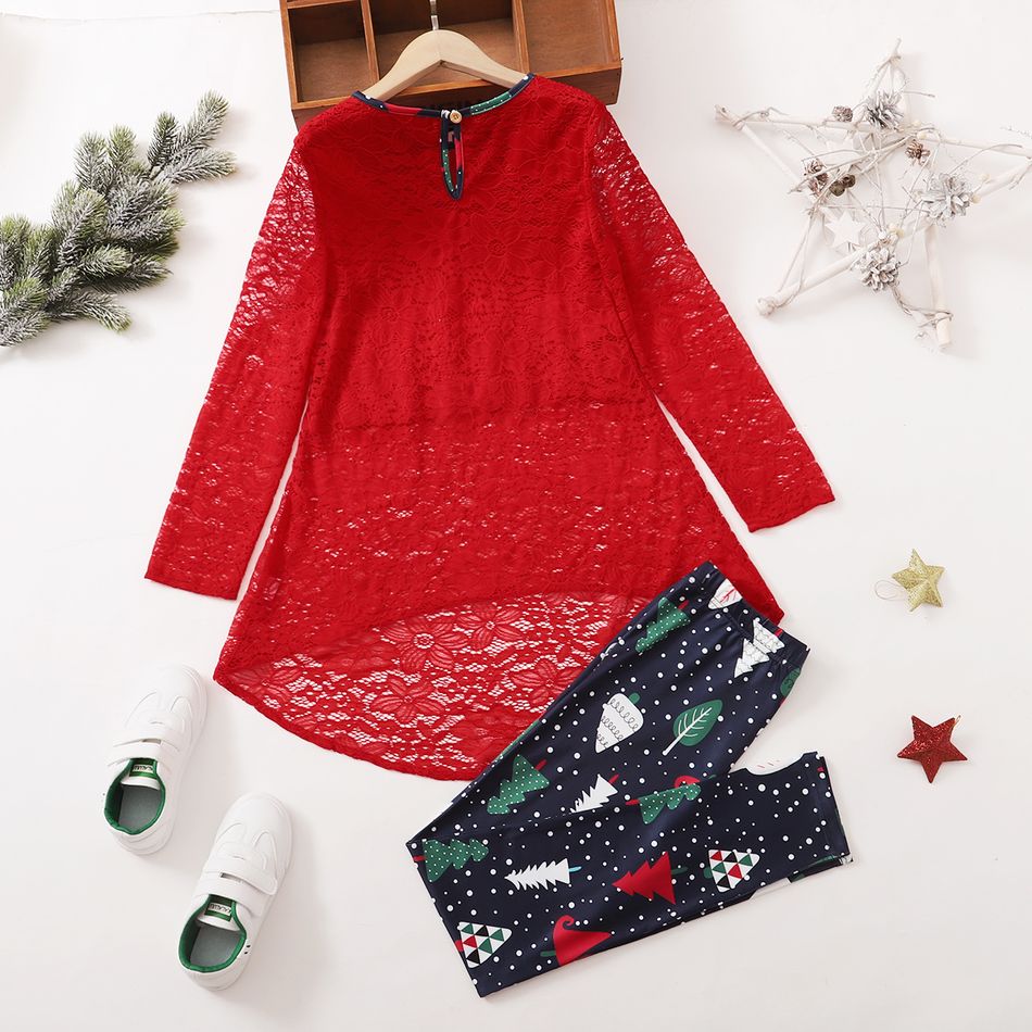 2-piece Kid Girl Christmas Lace Bowknot Design High Low Long-sleeve Red Top and Tree Polka dots Print Leggings Set Red big image 2
