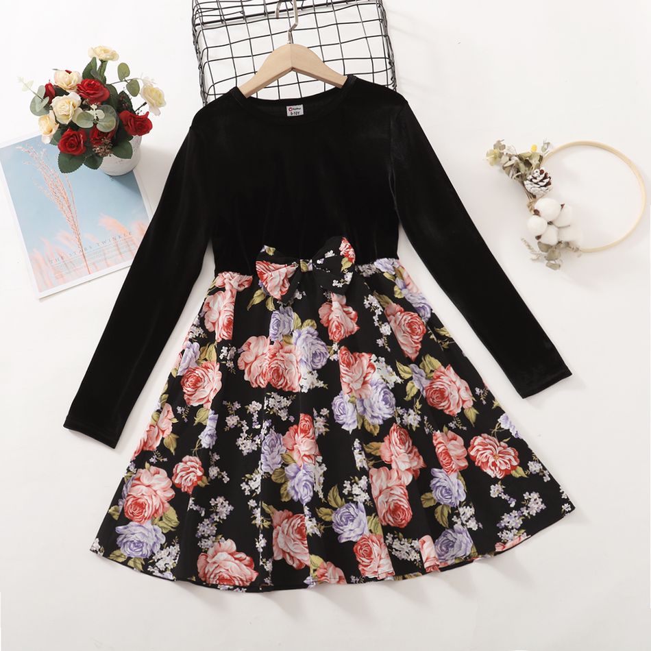 Kid Girl Bowknot Design Velvet Floral Print Stitching Long-sleeve Dress Black big image 5