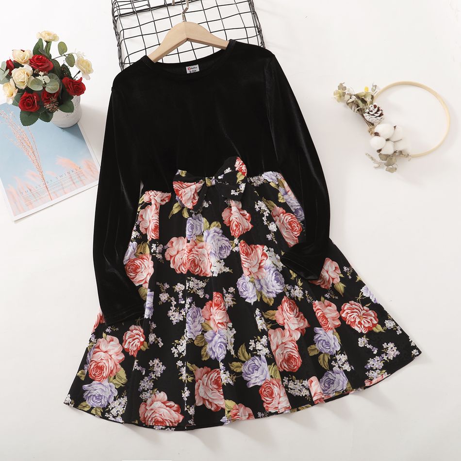 Kid Girl Bowknot Design Velvet Floral Print Stitching Long-sleeve Dress Black big image 1