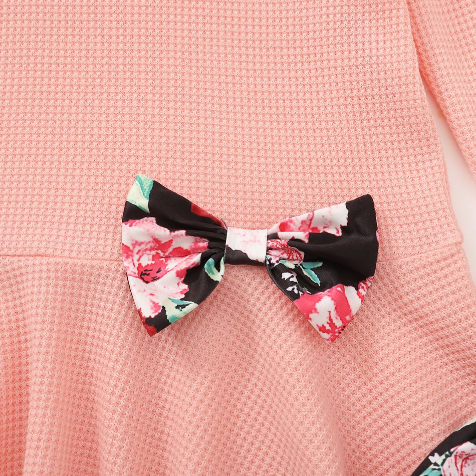 2-piece Kid Girl Bowknot Design High Low Long-sleeve Pink Tee and Floral Print Leggings Set Pink big image 4