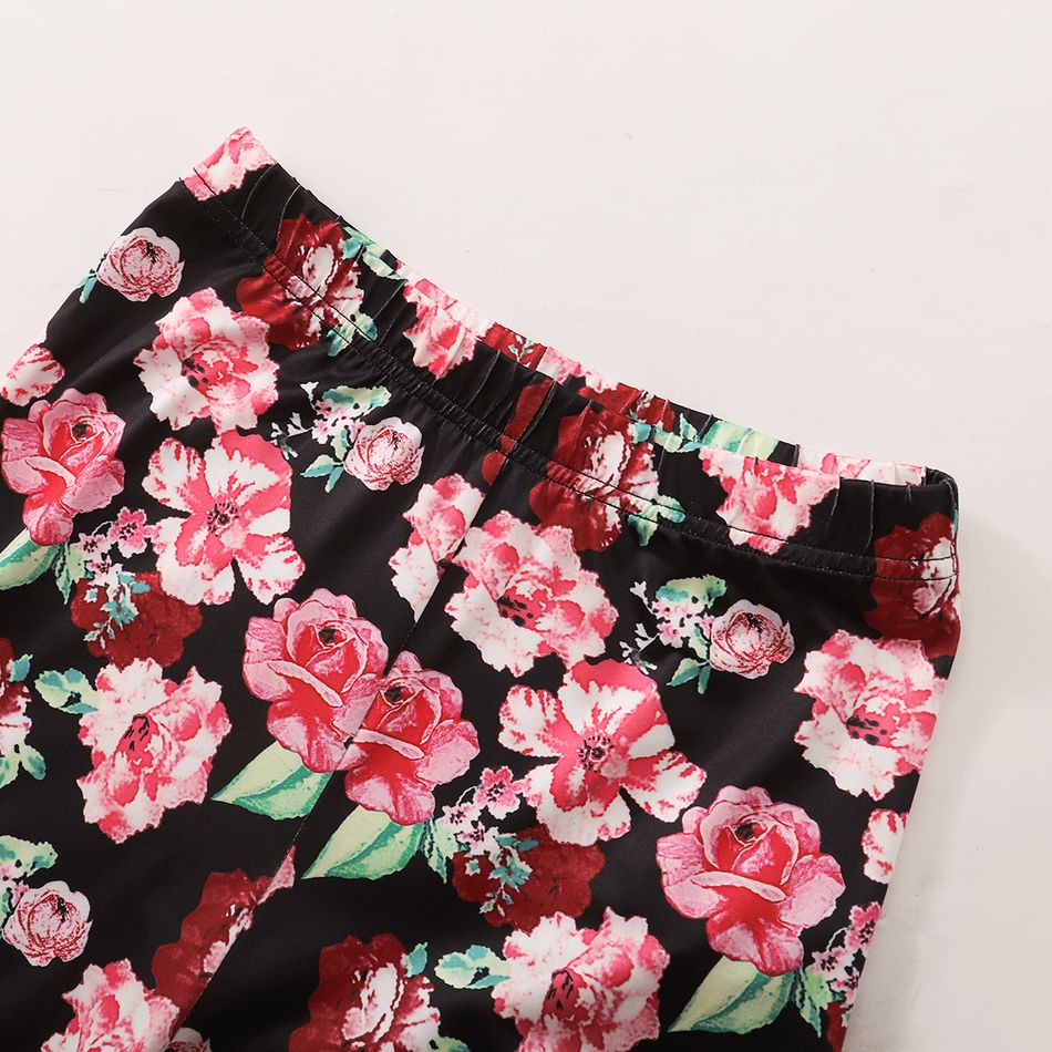 2-piece Kid Girl Bowknot Design High Low Long-sleeve Pink Tee and Floral Print Leggings Set Pink big image 5