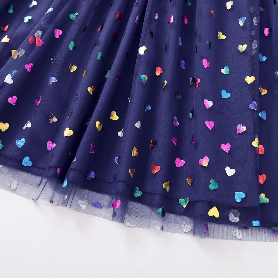 Kid Girl Unicorn Print Long-sleeve Mesh Heart Stitching Dress Dark Blue big image 4