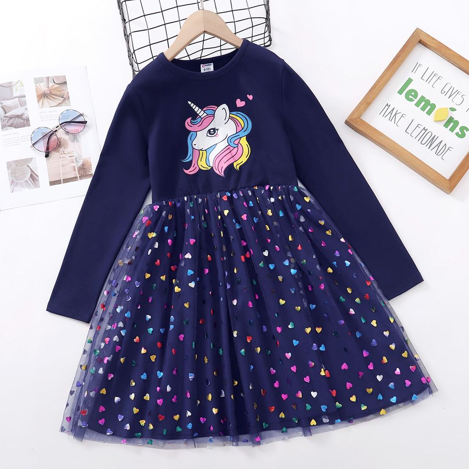 Kid Girl Unicorn Print Long-sleeve Mesh Heart Stitching Dress Dark Blue