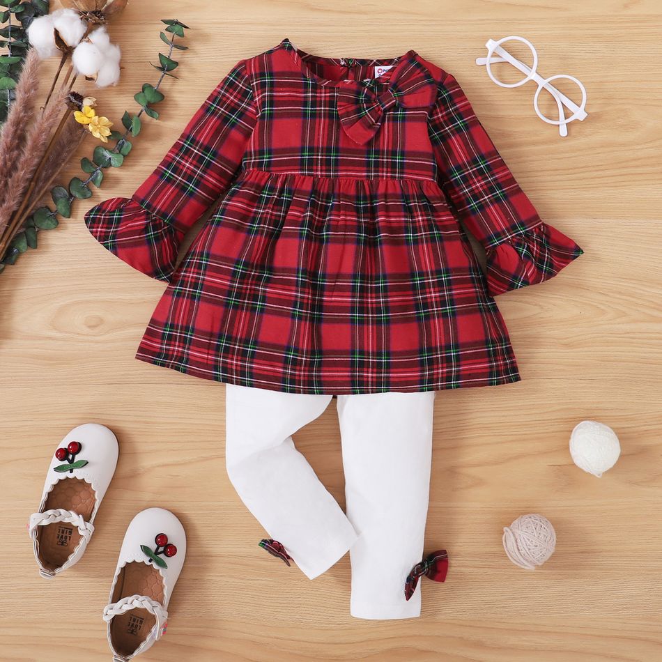 2pcs Baby Girl 100% Cotton Red Plaid Long-sleeve Top and Bowknot Trousers Set Red big image 3