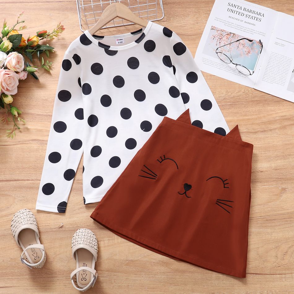 2-piece Kid Girl Polka dots Long-sleeve Tee and Cat Print Skirt Set White
