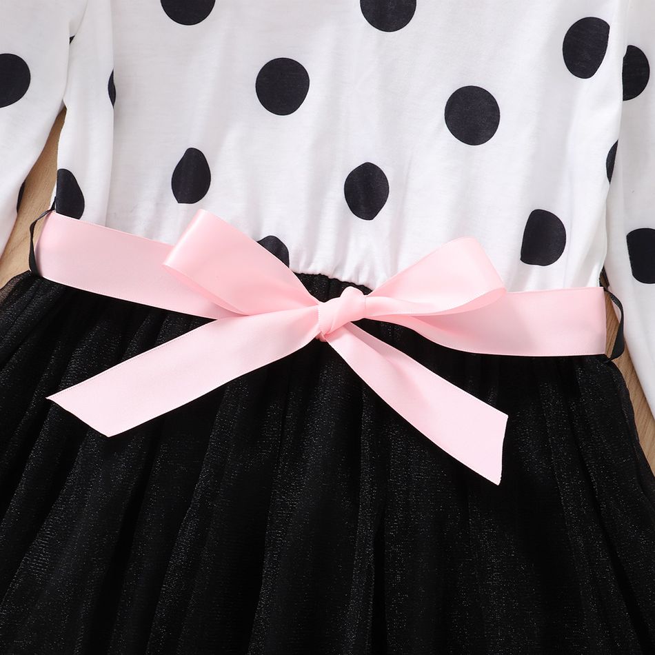 Kid Girl Polka dots Stitching Bowknot Design Long-sleeve Mesh Dress Black big image 3