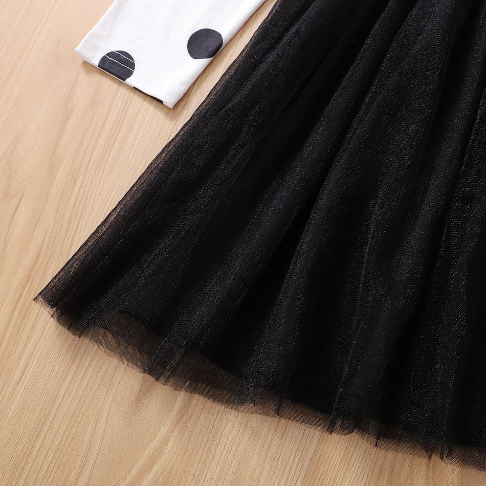 Kid Girl Polka dots Stitching Bowknot Design Long-sleeve Mesh Dress Black big image 4