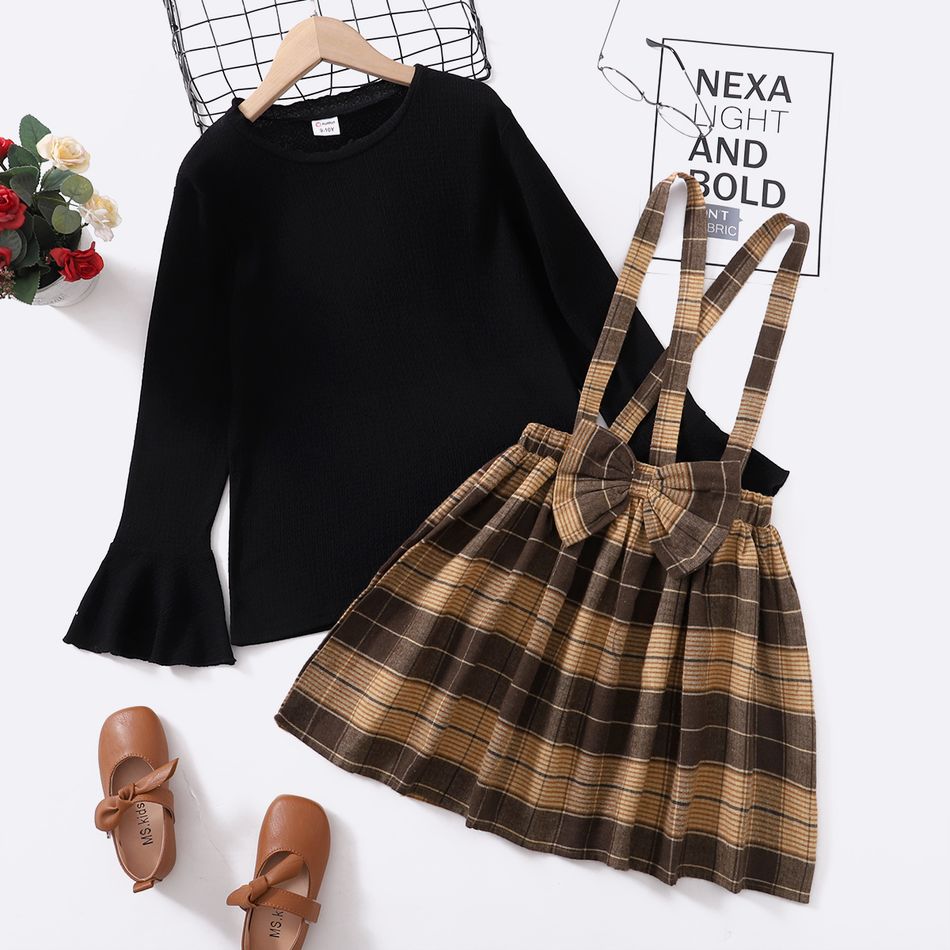 2-piece Kid Girl Long Bell sleeves Black Top and Bowknot Design Plaid Suspender Skirt Set Black