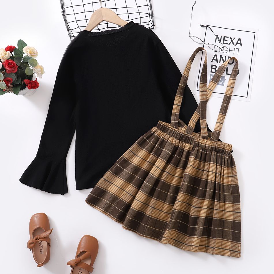 2-piece Kid Girl Long Bell sleeves Black Top and Bowknot Design Plaid Suspender Skirt Set Black big image 2