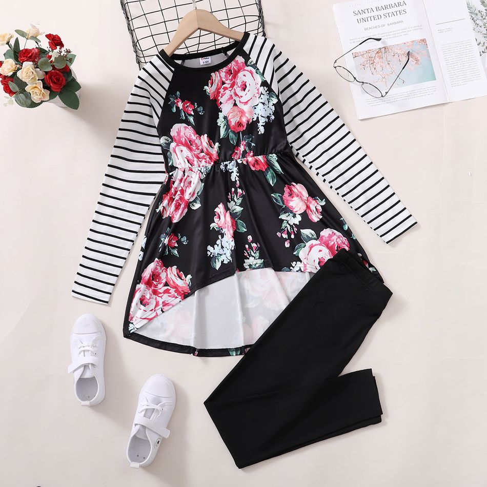 2-piece Kid Girl Floral Print Striped Long-sleeve High Low Top and Black Pants Set Black