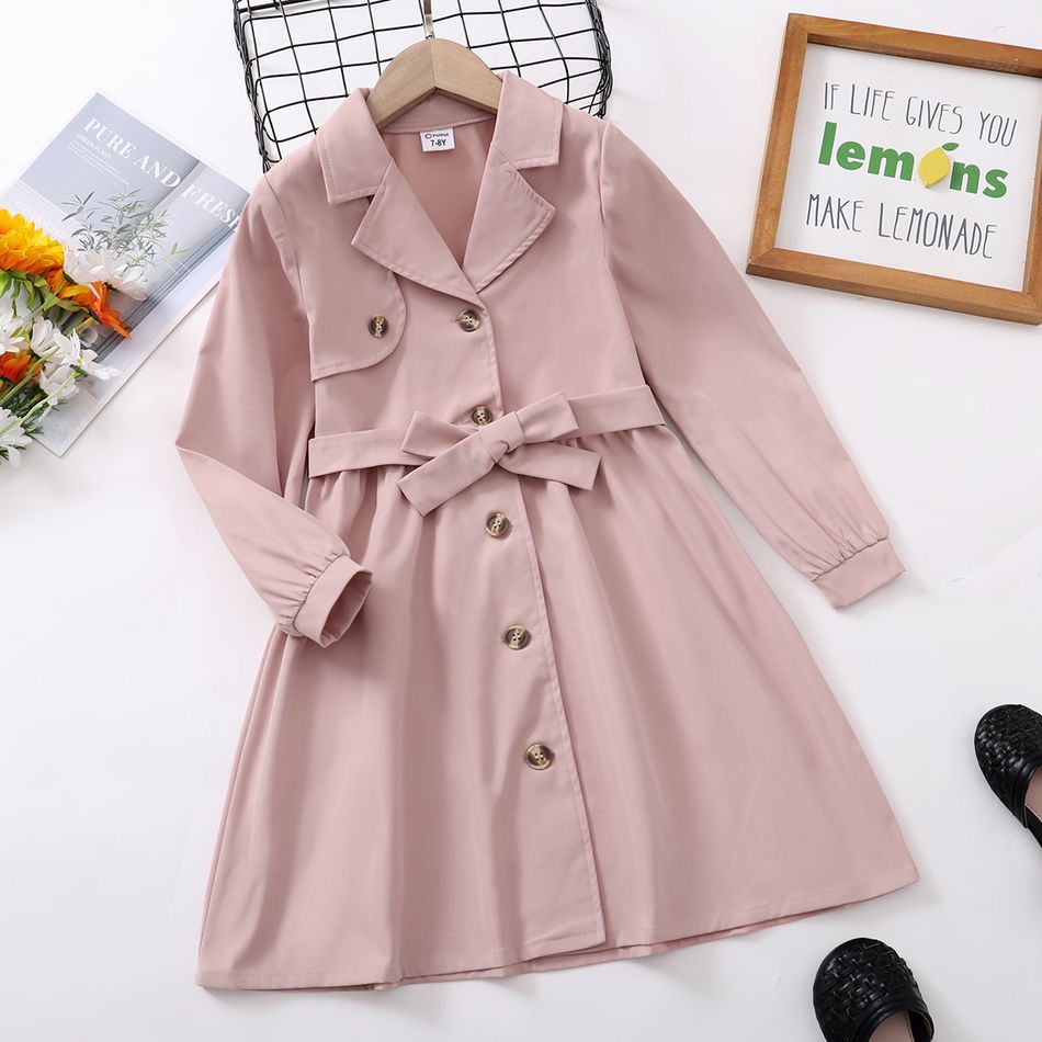 Kid Girl Lapel Collar Single-Breasted Belted Trench Coat Pink