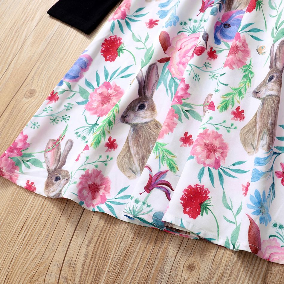 Kid Girl Easter Floral Rabbit Print Floune One Shoulder Strap Long-sleeve Dress Multi-color big image 4