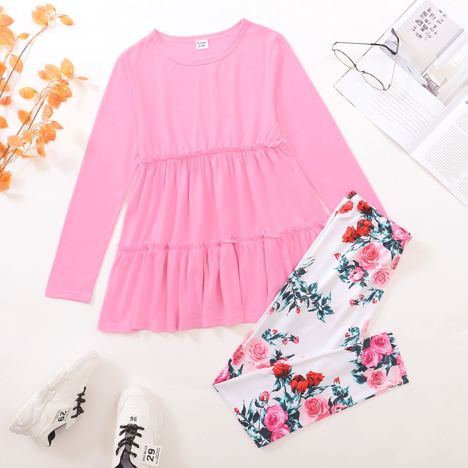 2-piece Kid Girl Solid Color Tiered Long-sleeve Top and Floral Print Leggings Set Pink