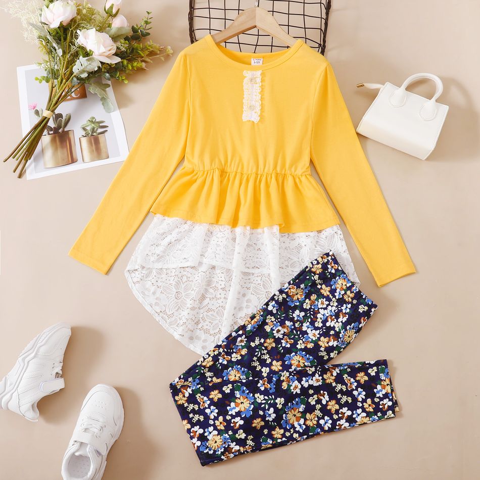 2-piece Kid Girl Lace Design High Low Long-sleeve Top and Floral Print Leggings Set Yellow
