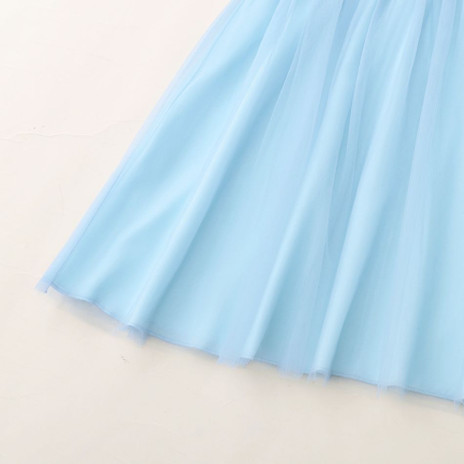 Kid Girl Round-collar 3D Floral Design Mesh Short-sleeve Dress Blue big image 3