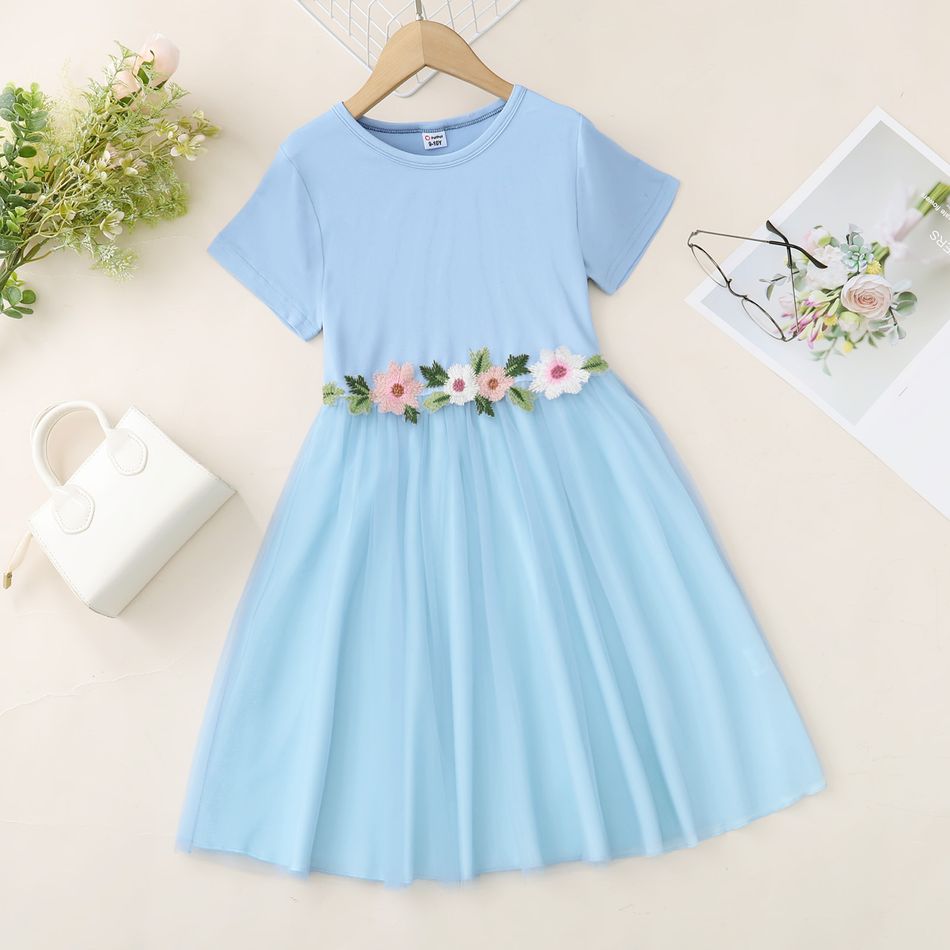 Kid Girl Round-collar 3D Floral Design Mesh Short-sleeve Dress Blue big image 1
