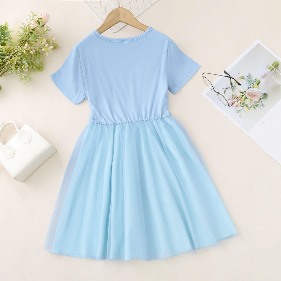 Kid Girl Round-collar 3D Floral Design Mesh Short-sleeve Dress Blue big image 5