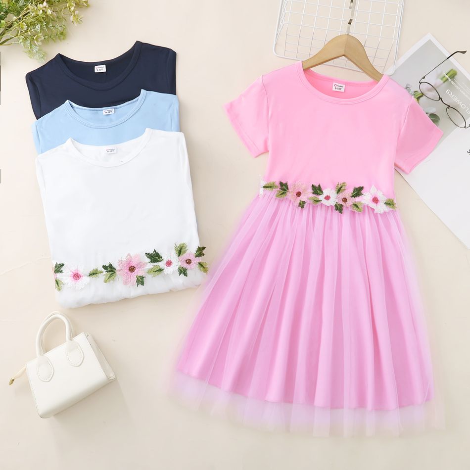 Kid Girl Round-collar 3D Floral Design Mesh Short-sleeve Dress Blue