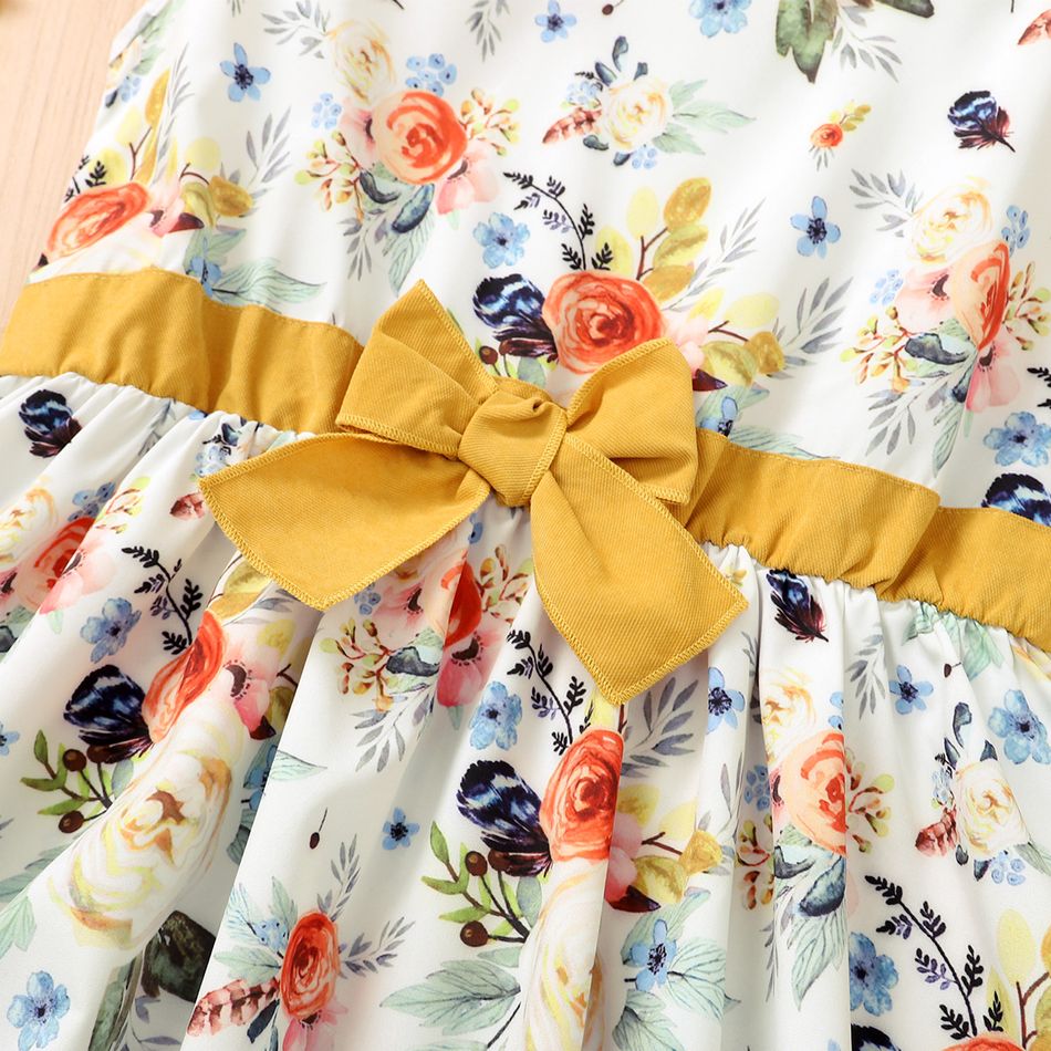 2-piece Kid Girl Floral Print Bowknot Design Sleeveless Dress and Cardigan Set Yellow big image 4