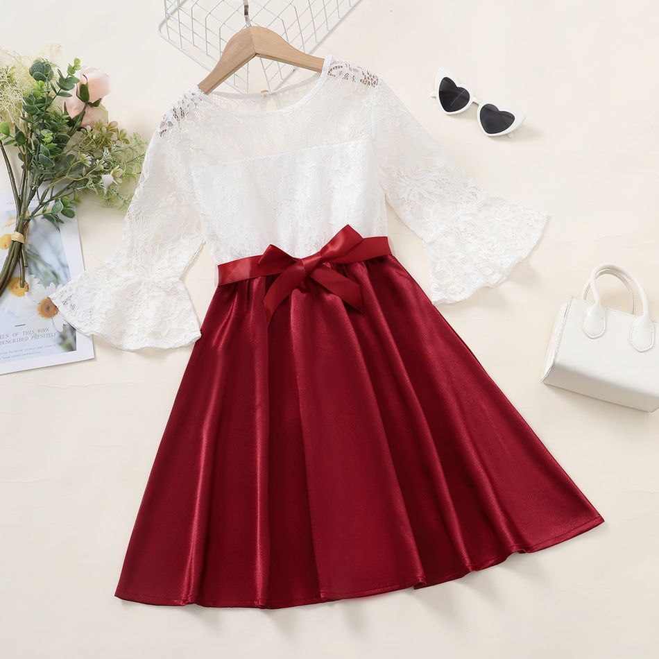 Kid Girl Lace Design Colorblock Belted Long-sleeve Dress Red