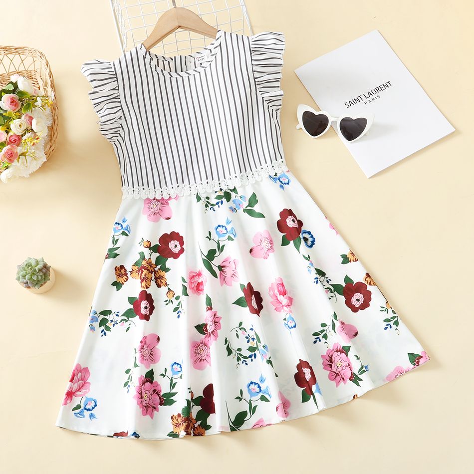 Kid Girl Floral Print/Stripe Splice Lace Design Flutter-sleeve Dress White
