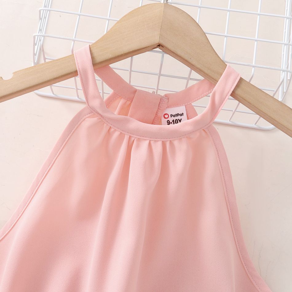 Kid Girl Solid Color Belted Halter Rompers Jumpsuits Shorts Pink big image 2