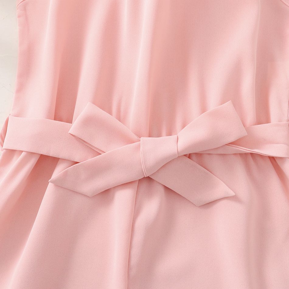 Kid Girl Solid Color Belted Halter Rompers Jumpsuits Shorts Pink big image 3