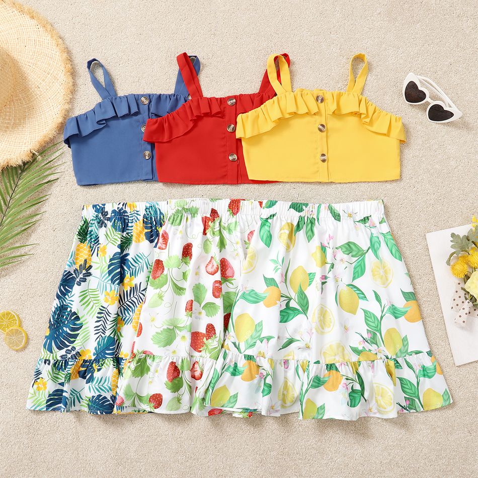 2-piece Kid Girl Ruffled Button Design Tank Top and Floral Fruit Print Skirt Set Blue big image 6
