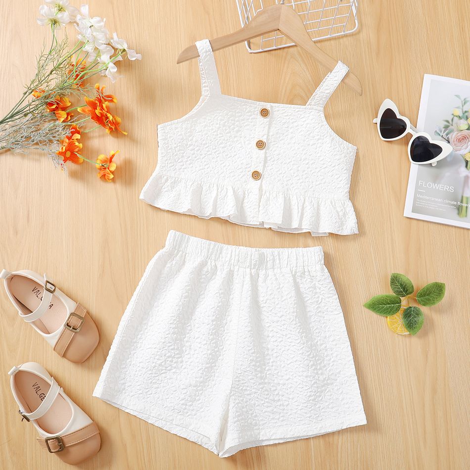 2-piece Kid Girl Button Design Ruffle Hem Camisole and Solid Color Shorts Set White