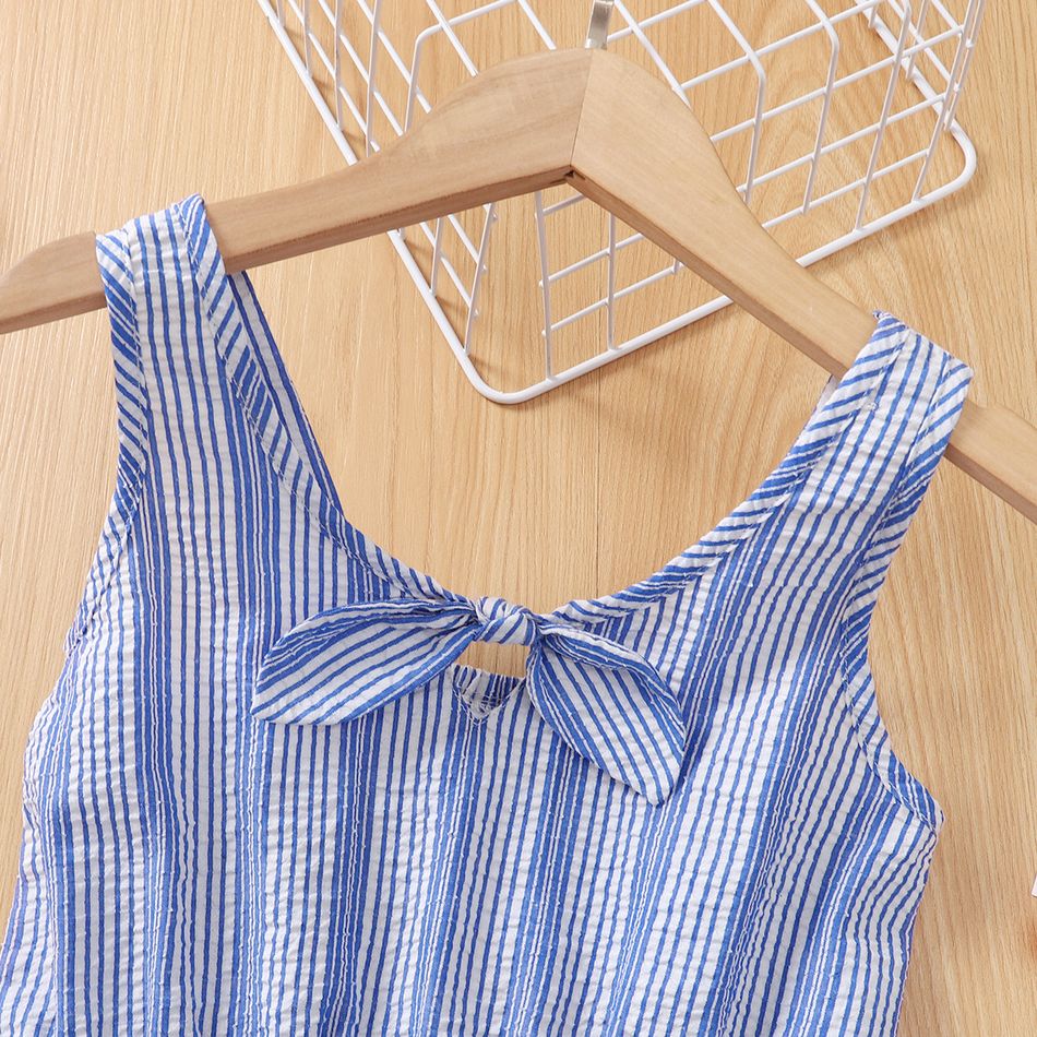 Kid Girl Striped Bowknot Design Sleeveless Rompers Blue big image 3