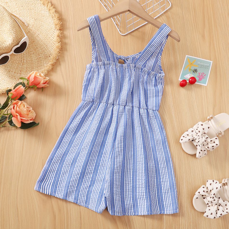 Kid Girl Striped Bowknot Design Sleeveless Rompers Blue big image 2