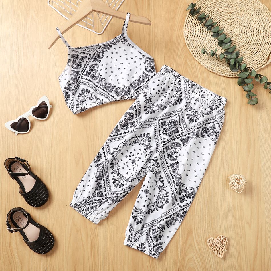 2-piece Kid Girl Exotic Boho Allover Print Camisole and Pants Set White