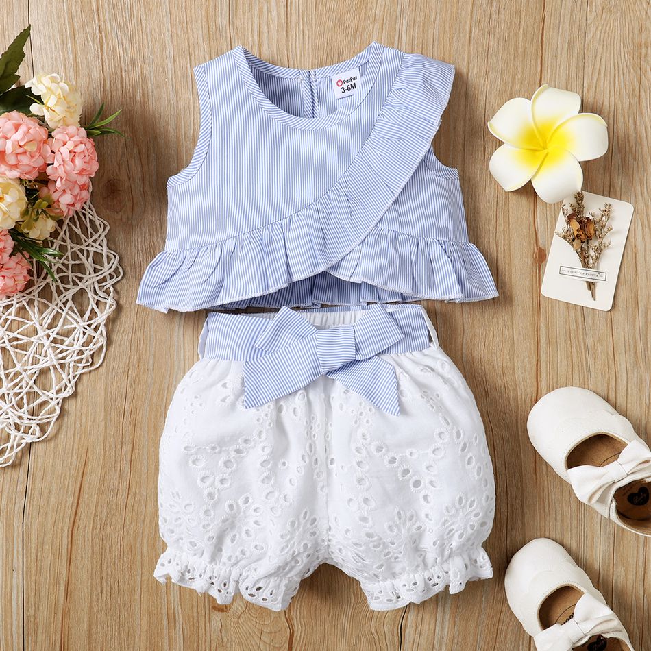 2pcs Baby Girl Ruffle Trim Tank Top and Belted Eyelet Embroidered Shorts Set White