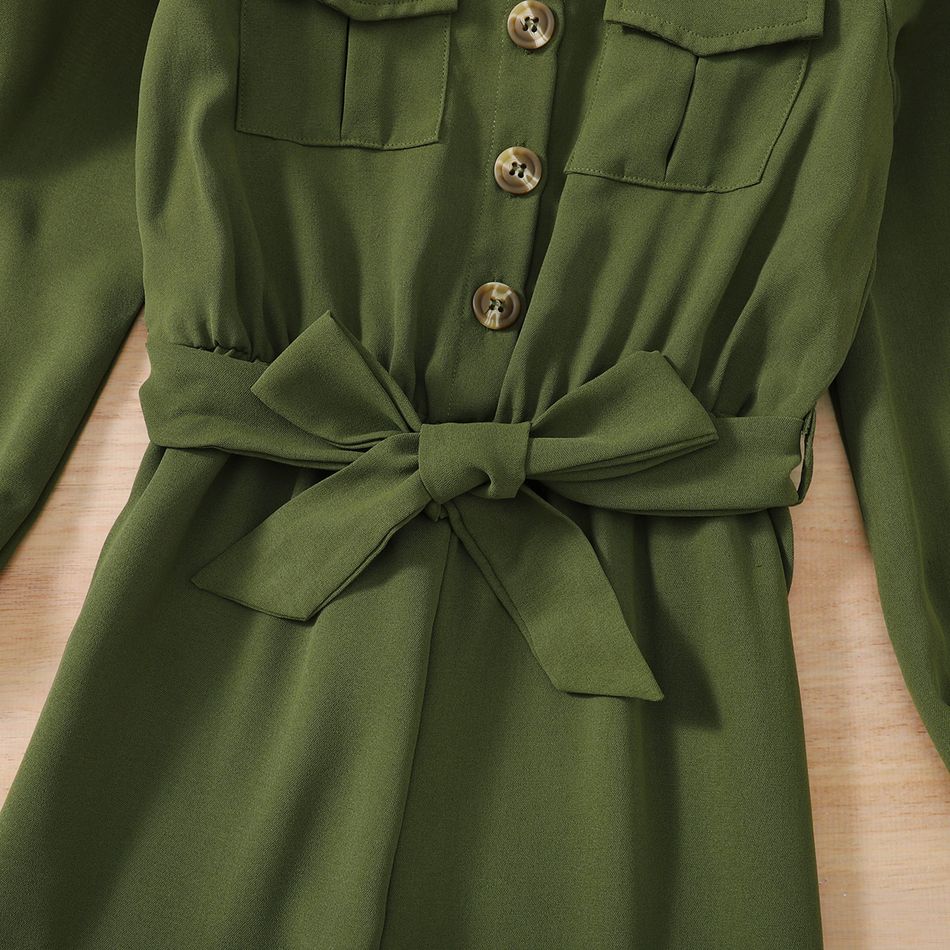 Kid Girl Pocket Button Design Belted Long-sleeve Dark Green Jumpsuits Dark Green big image 2