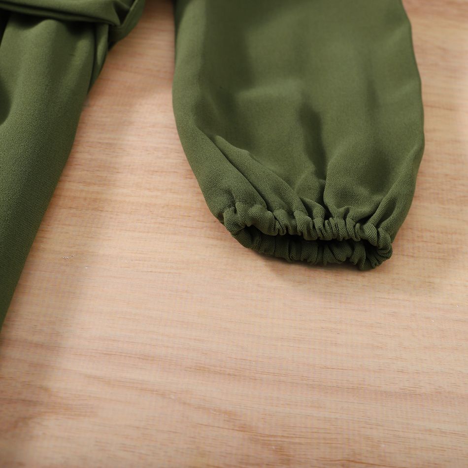 Kid Girl Pocket Button Design Belted Long-sleeve Dark Green Jumpsuits Dark Green big image 5