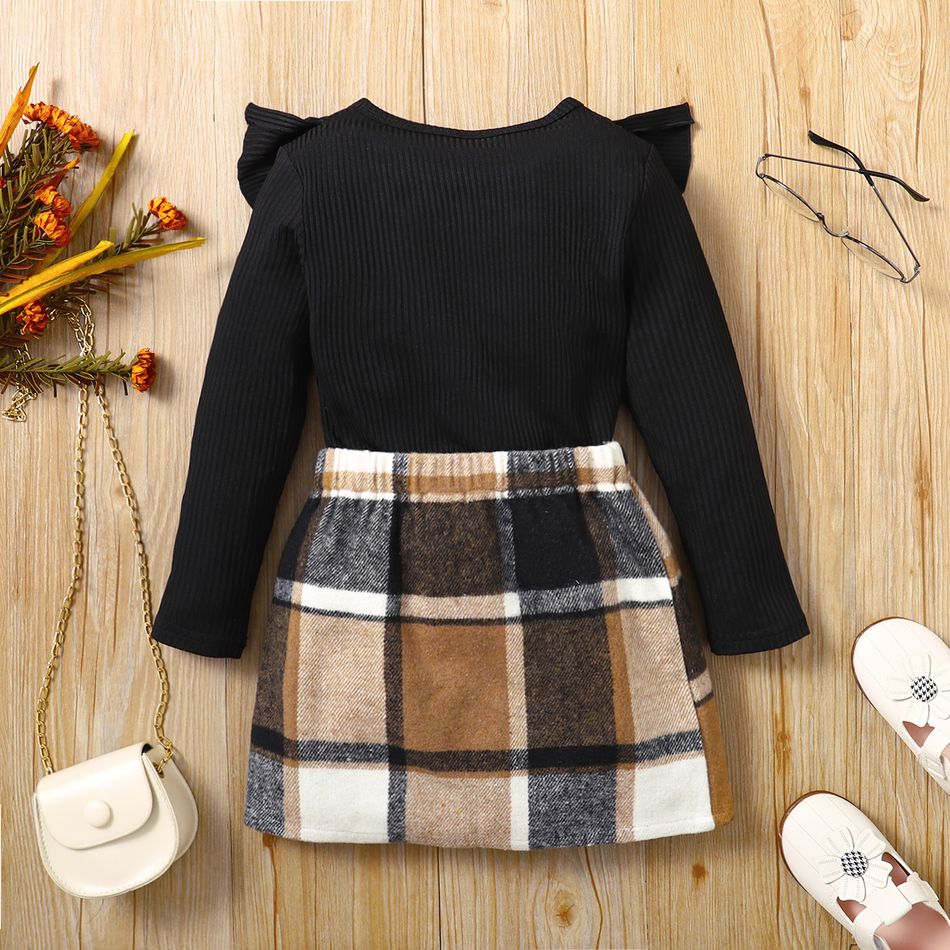 2pcs Toddler Girl Trendy Ruffled Ribbed Black Tee and Plaid Skirt Set Black