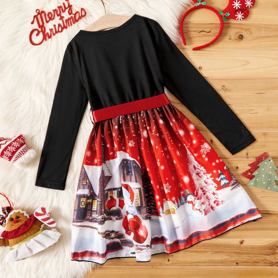طفل فتاة عيد الميلاد الجرافيك طباعة لصق حزام فستان طويل الأكمام أسود big image 2