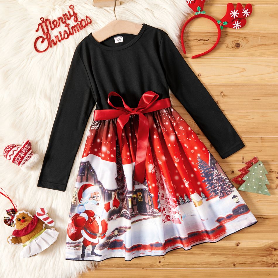 Kid Girl Christmas Graphic Print Splice Belted Long-sleeve Dress Black big image 1