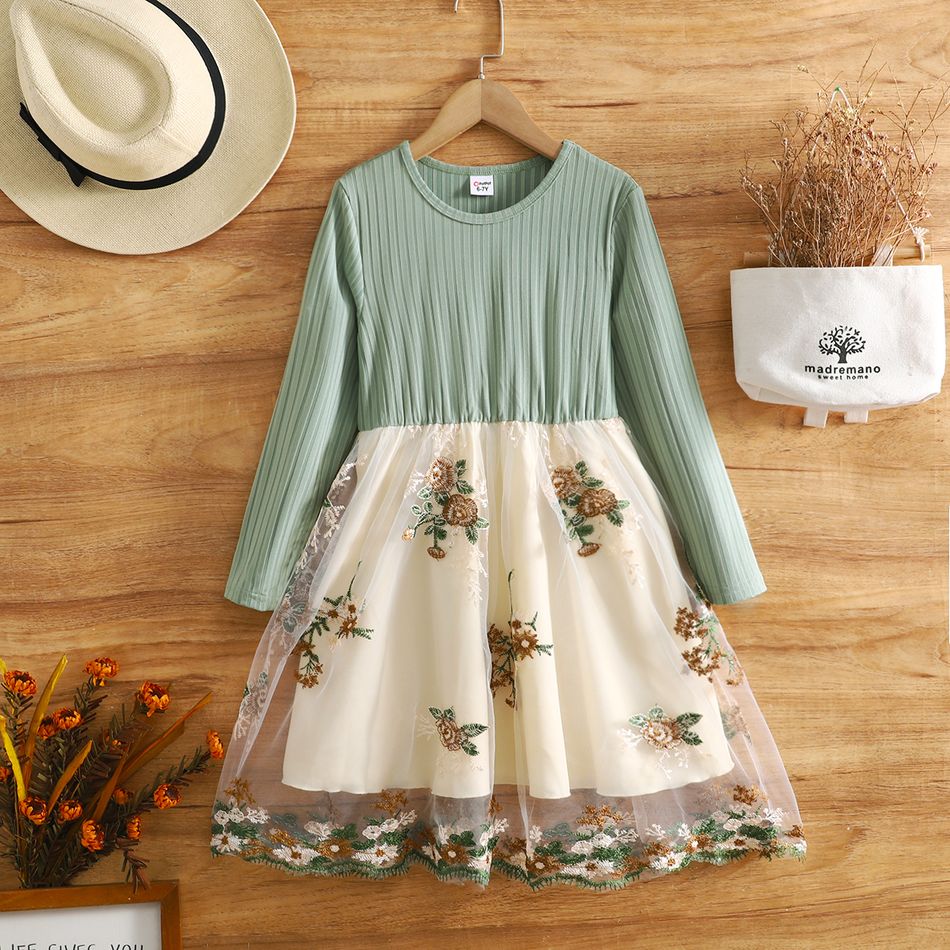 Kid Girl Floral Embroidered Mesh Design Splice Ribbed Long-sleeve Dress Green