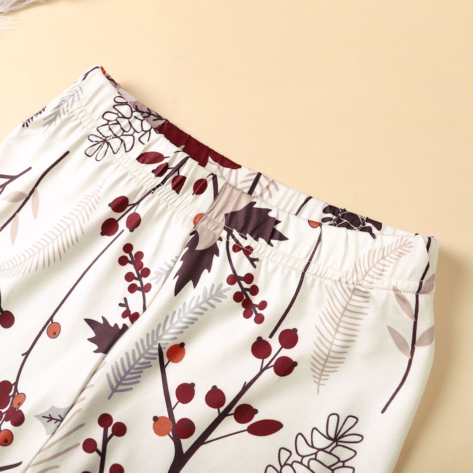 2pcs Kid Girl Ruffled 3D Bowknot Design Long-sleeve Peplum Blouse and Floral Print Leggings Set Burgundy